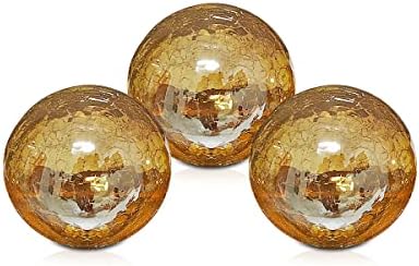 Trio Bola Esfera Pequena Decorativa Enfeite Decoração Vidro Craquelado Ambar Dourado